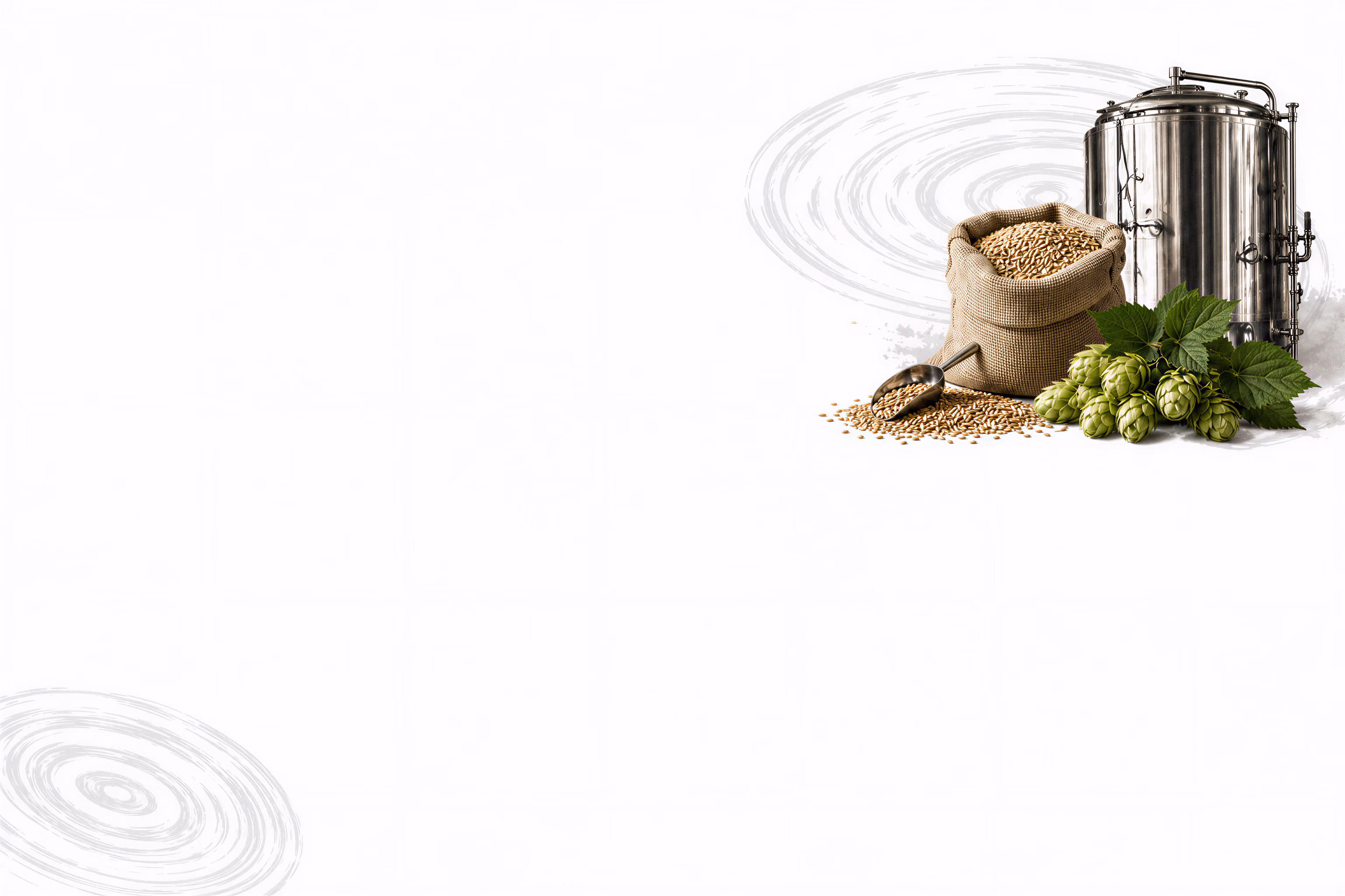 Brauvorgang mit Braukessel, Malzsack, Hopfen und Prozesskarten