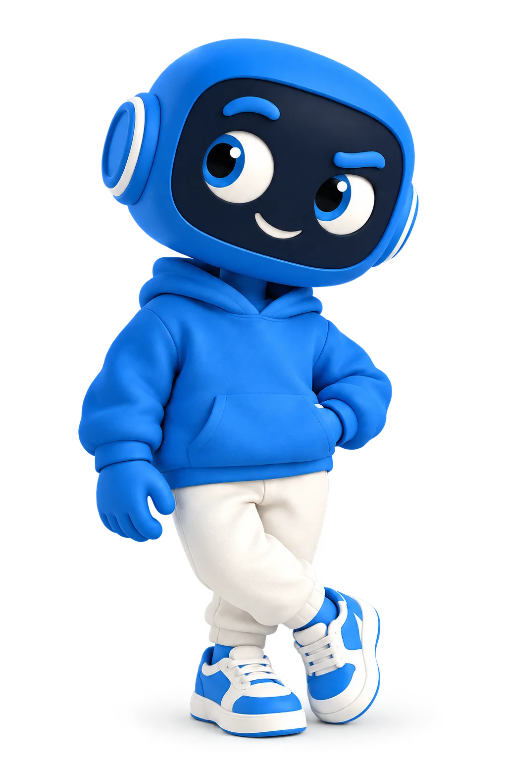 Freundlicher blauer Roboter mit Hoodie und weißen Sneakern
